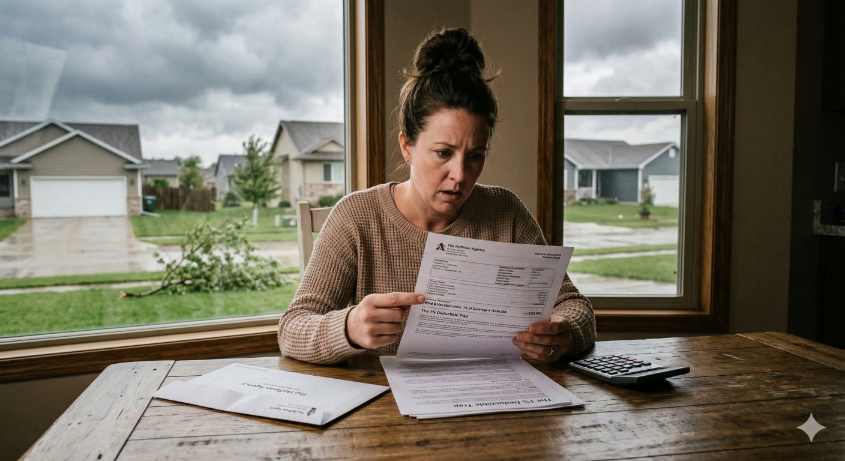 A woman at a wooden table looks worriedly at a document, with envelopes and a calculator nearby. Outside, houses and a cloudy sky are visible.